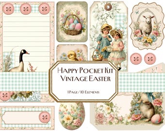 Kit de bolsillo vintage de Pascua feliz, collage, etiquetas de diario, Pascua, primavera, diario basura, etiqueta, tarjetas, efímera, floral, primavera, pájaro, cordero,