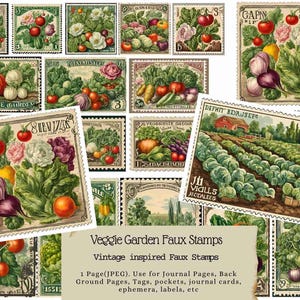 Selos de vegetais vintage, selos falsos, vintage, diário, diário de lixo, etiquetas, cartões, carimbo para impressão, primavera, floral, jardim, tomate, repolho