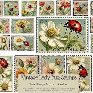 tampons Lady Bug vintage, faux tampons, vintage, journal intime, journal indésirable, étiquettes, cartes, éphémères, tampon imprimable, printemps, floral, été