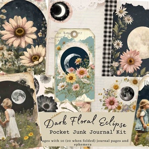 Dark Floral Eclipse Pocket Journal, Printable, Digital, 2024 Eclipse, Eclipse memento, keepsake, diy, vintage, shabby chic, junk journal