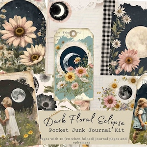 May include: A digital collage kit for junk journaling featuring a dark floral theme with a crescent moon and full moon eclipse. The kit includes 10 journal pages that can be folded to create 20 pages, and ephemera.