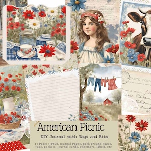 American Picnic Journal Kit, colagem, vermelho, branco e azul, floral, cartões de diário, etiquetas, American Journal, Junk Journal, para impressão, patriótico