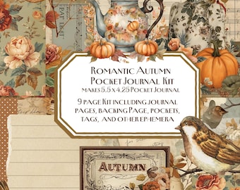 May include: A Romantic Autumn Pocket Journal Kit with a vintage aesthetic. The design features a teapot, pumpkins, and floral elements. The kit makes a 14 x 10.8 cm pocket journal and includes journal pages, pockets, tags, and other ephemera.