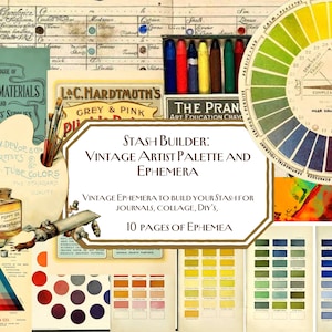 May include: A collection of vintage artist supplies, featuring a colour wheel, paint tubes, and a palette. The text states "Stash Builder: Vintage Artist Palette and Ephemera" and "10 Pages of Ephemera."