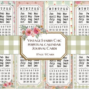 Vintage Shabby Chic Perpetual Calendar Journal Cards, Journal, Junk Journal, Tagi, Karty, Ephemera, Kalendarz do druku, Wiosenny pamiętnik, Kwiatowy