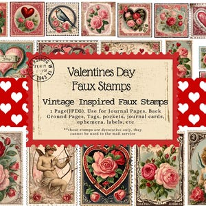 Vintage Valentijnsdag nepstempels, vintage, dagboek, ongewenste dagboek, tags, kaarten, kortstondige, afdrukbare stempel, liefde, hart, rozen, bloemenstempel