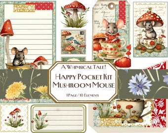 May include: A digital paper kit with 10 elements featuring a whimsical mushroom and mouse theme. The kit includes a variety of images, including a mouse sitting in a teacup, mushrooms, flowers, and a handwritten note with the text "A Whimsical Tale! Happy Pocket Kit Mushroom Mouse 1 Page/10 Elements".