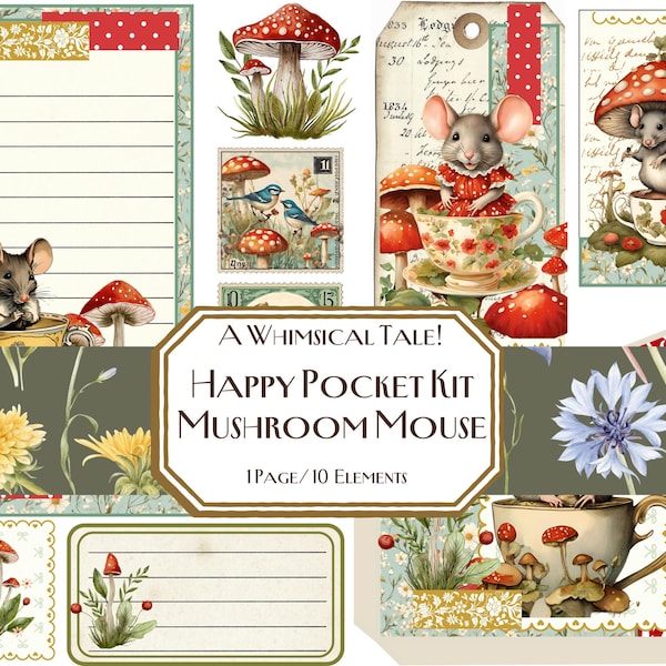 Mushroom Tea Mouse Happy Pocket Kit, Collage, Journal Tag, Junk Journal, Tag, Card, Ephemera, Whimsy Mushroom, Shabby Chic, DIY, House Mouse