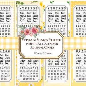 Vintage Shabby Yellow Perpetual Calendar Journal Cards, Junk Journal, Tag, Cards, Ephemera, Printable Calendar, Spring Diary, Floral Pattern