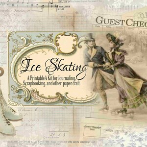 Vintage schaatsen afdrukbare Kit, Shabby Chic Winter, Shabby Journal, Kerst Digitaal, Winter Journal, Ice Journal, Junk Journal