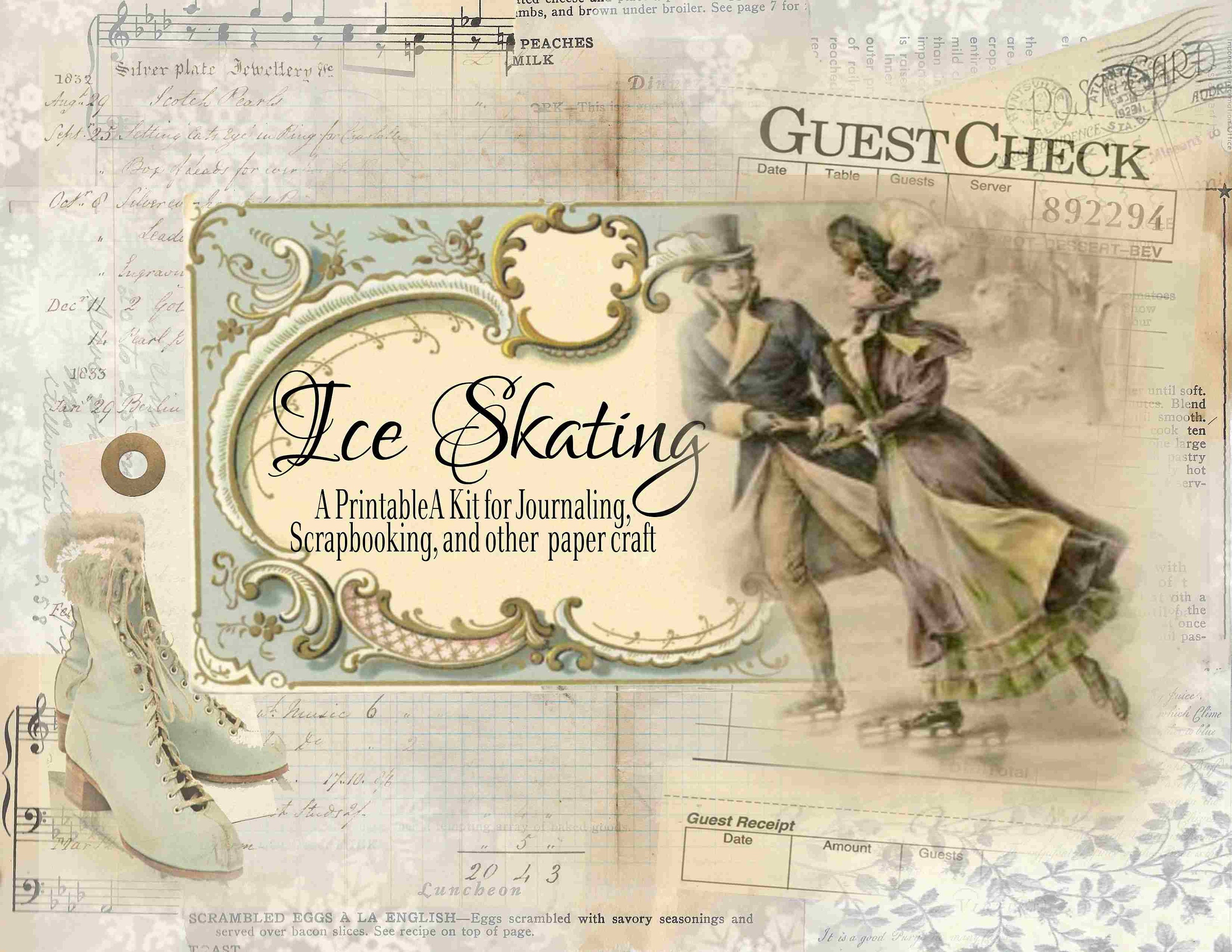 Vintage Ice Skating Printable Kit, Shabby Chic Winter, Shabby Journal, Christmas Digital, Winter Journal, Ice Journal, Junk Journal