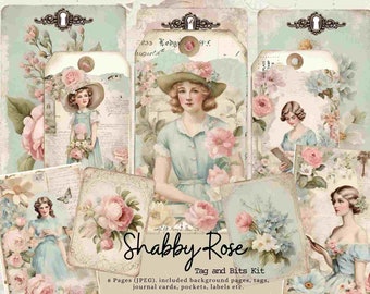 Shabby Rose Journal Tags and Bits Kit, Vintage Lady, Junk Journal, Spring, Garden, Roses, Journal Card, Tag, Labels, Mothers Day