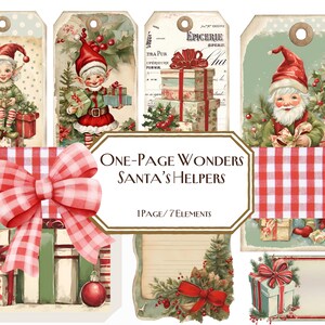 One Page Wonders: Santa's Helpers, Journaal, Elfen, Cadeaukaartjes, Kaarten, December Daily, Patchwork Junk Journal Ephemera, vintage, armoedig, elf
