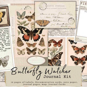 Butterfly Watcher Journal Kit,  Specimen Cards,  Journal, Junk Journal, Vintage Field Notes, Labels, Digital, Spring Cottage Core