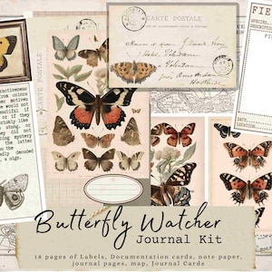 Może przedstawiać: Cyfrowy zestaw do druku dla miłośników motyli. Zestaw zawiera 18 stron etykiet, kart dokumentacyjnych, papieru do notatek, stron dziennika, mapę i karty dziennika. Zestaw zawiera vintage ilustracje motyli i tytuł, który brzmi "Butterfly Watcher Journal Kit".