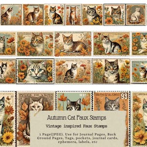 Herbst Katze Briefmarken, Imitat Stempel, Vintage, Journal, Junk Journal, Tags, Karten, Ephemera, Druckbare Stempel, Herbst, Floral, Thanksgiving, Gesegnet