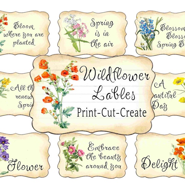 Wildflower Labels, Gift Tags, Journal tags, Spring Tags, floral ephemera, Printable Wildflower Tags, Wildflower Junk Journal