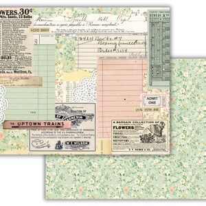 May include: A vintage-style scrapbook paper with a green floral pattern and a collage of images, including a ruler, a list of flowers, a ticket, and a bottle of magnesia. The paper has a distressed look and is perfect for crafting.