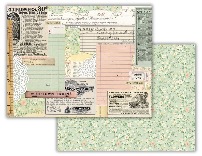 May include: A vintage-style scrapbook paper with a green floral pattern and a collage of images, including a ruler, a list of flowers, a ticket, and a bottle of magnesia. The paper has a distressed look and is perfect for crafting.