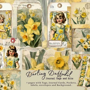 Darling Daffodil Journal Tags and Bits Kit, Umbrella, Junk Journal, Spring, Garden, Daffodils, Journal Card, Tag, Labels, Easter Ephemera image 1