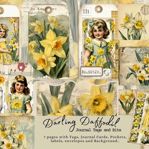 May include: A digital collage sheet with a vintage aesthetic featuring images of daffodils, children, and old paper ephemera. The text "Darling Daffodil Journal Tags and Bits" is at the bottom of the sheet.  7 pages with tags, journal cards, pockets, labels, envelopes and background.