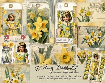 Darling Daffodil Journal Tags and Bits Kit, Umbrella, Junk Journal, Spring, Garden, Daffodils, Journal Card, Tag, Labels, Easter Ephemera