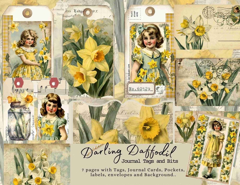 Darling Daffodil Journal Tags and Bits Kit, Umbrella, Junk Journal, Spring, Garden, Daffodils, Journal Card, Tag, Labels, Easter Ephemera image 1