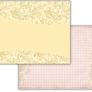 May include: Two patterned paper sheets. The first sheet has a yellow background with a white polka dot pattern and a floral border. The second sheet has a pink and white gingham pattern with a floral border.