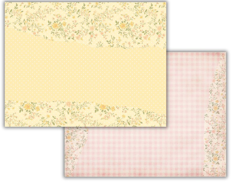 May include: Two patterned paper sheets. The first sheet has a yellow background with a white polka dot pattern and a floral border. The second sheet has a pink and white gingham pattern with a floral border.