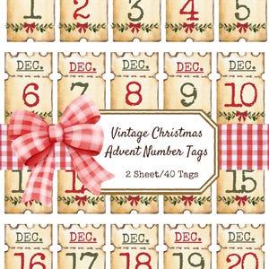 Vintage kerstnummerlabels, cadeaukaartjes, rommeldagboek, dagboekkaarten, oude kerstdagen, dagelijks december, traditioneel, adventskalender