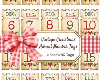 May include: Vintage Christmas Advent Number Tags with a red and white checkered bow. The tags are printed on a parchment-like paper with a rustic design. The numbers are in a vintage font and are printed in red, green, and brown. The text "Vintage Christmas Advent Number Tags" and "2 Sheet/40 Tags" is printed on a white banner.