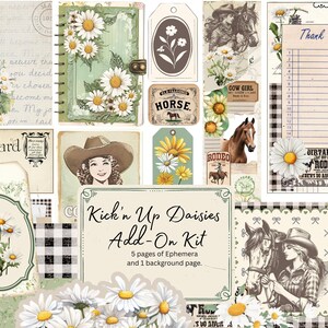 Kick'n Up Daisies Add-On Junk Journal Kit, Cavalo, Margaridas, Floral, Diário, Faça Você Mesmo, Derby, Etiquetas, Cartões de Diário, Vintage, Primavera, Casa de Campo, Faça Você Mesmo