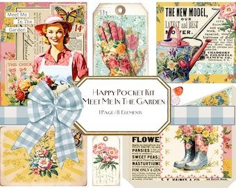Meet Me in The Garden Happy Pocket Kit, Collage, Journal Tags, Junk Journal, Tag, Cards, Ephemera, Retro Garden, 1950&#39;s Garden, DIY, Snarky