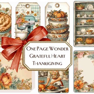 Merveilles d'une page : coeur reconnaissant, Thanksgiving minable, journal, étiquettes pour cadeaux, cartes, cuisine d'automne, journal indésirable vintage, minable, femme, cadeau