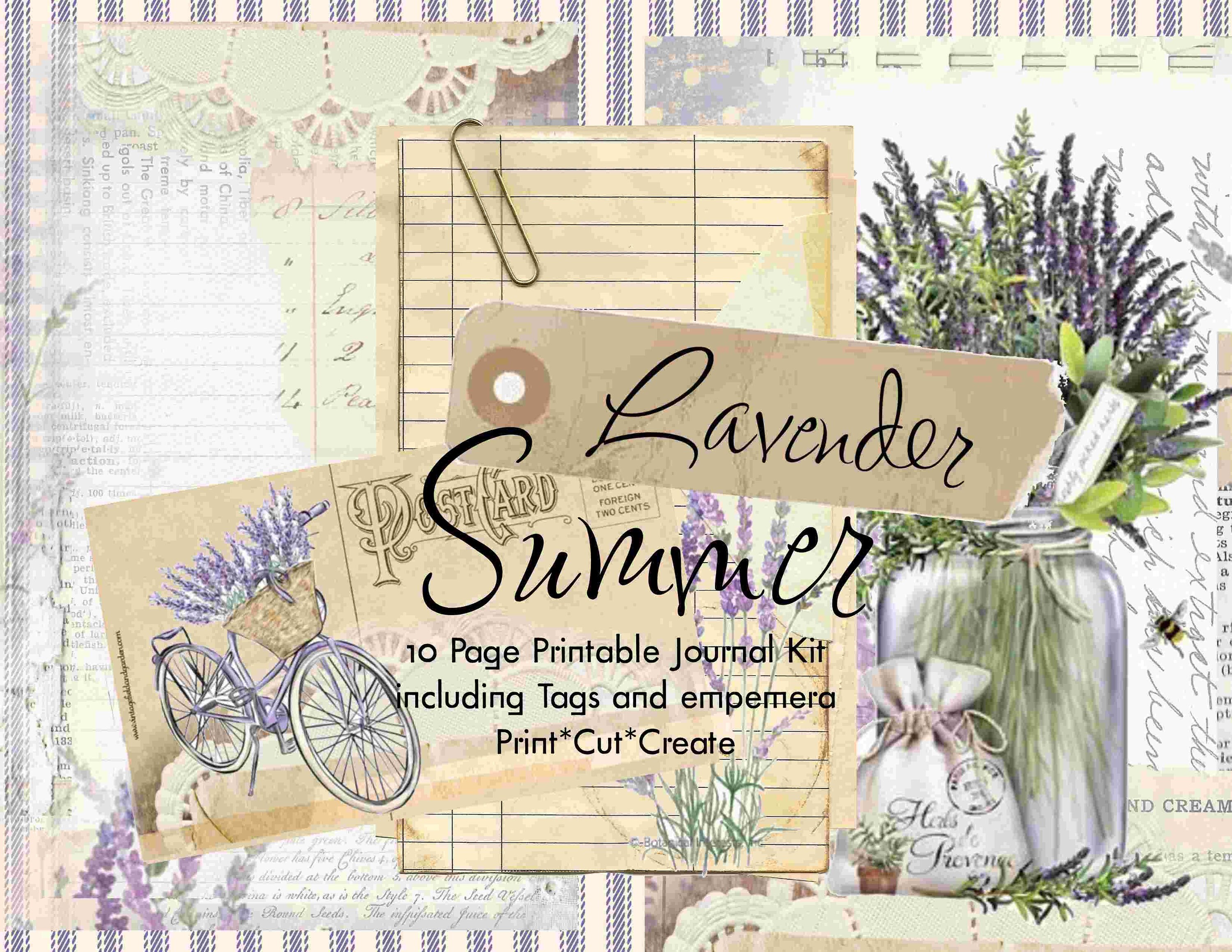 Lavender Summer Digital Journal Kit, Printable journal, Lavender Journal, Summer Journal, Vintage Wildflower,  Ephemera, journal Tags