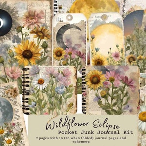 Puede incluir: Un kit de diario de chatarra digital con un tema de flores silvestres y luna. El kit incluye 7 páginas con 10 páginas de diario y efímeras. El texto en la imagen dice "Wildflower Eclipse Pocket Junk Journal Kit 7 pages with 10 (20 when folded) journal pages and ephemera".