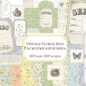 Kit de pacotes de sementes florais vintage surrados, diário de lixo, primavera, jardim, cartão de diário, etiqueta, rótulos, coelho, para impressão, faça você mesmo, floral chique surrado