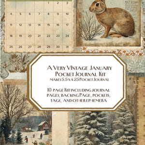 以下が含まれることがあります： ヴィンテージスタイルの1月ポケットジャーナルキット。カレンダー、ウサギのイラスト、冬の風景が特徴です。このキットは14 x 10.8 cmのポケットジャーナルを作成し、ジャーナルページ、裏ページ、ポケット、タグ、エフェメラが含まれています。