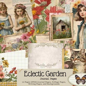 Páginas de diário de jardim eclético, colagem, jardim, cartões de diário, etiquetas, páginas de escrita, diário de lixo, para impressão, floral, flores, etiquetas de jardim