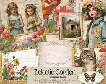 Eklektische Garten-Tagebuchseiten, Collage, Garten, Tagebuchkarten, Tags, Schreibseiten, Junk Journal, druckbar, Blumen, Blumen, Garten-Tags