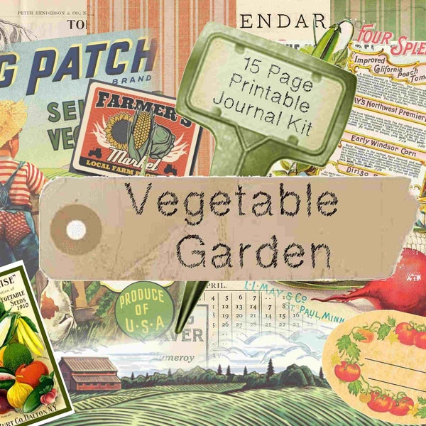 Vintage Vegetable Garden Digital Journal Kit, Printable Garden Journal, Garden Journal, Junk Journal, Vintage Garden Ephemera, journal Tags