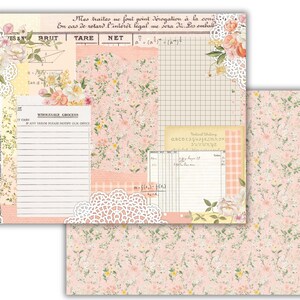 May include: A pink and white floral patterned paper with a grid, a checklist, and a section for writing notes. The paper also includes a floral design with a lace overlay and a section with the text "Romans, le 1 Hehl Cripol complaat ES & N BRUT Mes traites ne font point d&eacute;rogation &agrave; la cond En cas de retard l'int&eacute;r&ecirc;t l&eacute;gal me sera Ii. Les emball TARE NET".