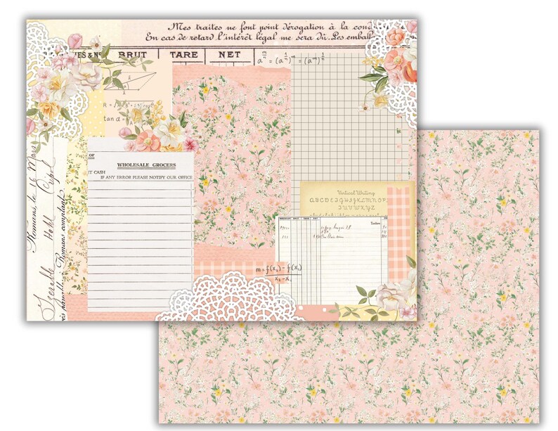 May include: A pink and white floral patterned paper with a grid, a checklist, and a section for writing notes. The paper also includes a floral design with a lace overlay and a section with the text "Romans, le 1 Hehl Cripol complaat ES & N BRUT Mes traites ne font point d&eacute;rogation &agrave; la cond En cas de retard l'int&eacute;r&ecirc;t l&eacute;gal me sera Ii. Les emball TARE NET".