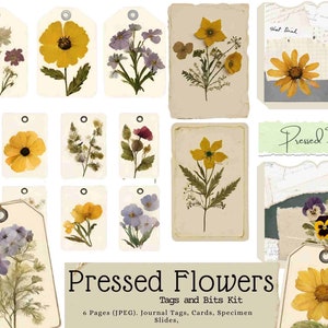 Kit de etiquetas e bits de flores prensadas, diário floral, etiquetas, cartões de diário, amor-perfeito, flores secas, faça você mesmo para impressão, presente para mães, download digital