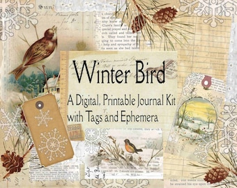 Winter Bird Printable Kit, Shabby Chic Winter, Shabby Journal, Christmas Digital, Winter Journal, Bird Journal, Junk Journal Printable