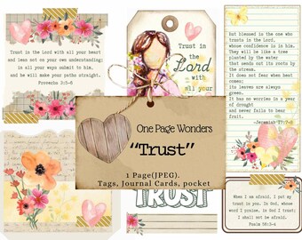 May include: A set of printable digital journal cards with floral designs and inspirational quotes about trust. The cards feature watercolor flowers, hearts, and handwritten text. The quotes include "Trust in the Lord with all your heart" and "But blessed is the one who trusts in the Lord".