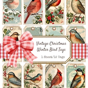 étiquettes vintage pour oiseaux de Noël, lot 1, shabby chic, étiquettes-cadeaux, étiquettes de journal indésirable, cartes pour carnet, oiseau de Noël d'hiver, hiver, étiquettes vintage
