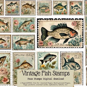Vintage visstempels, nepstempels, vintage, dagboek, rommeldagboek, tags, kaarten, ephemera, afdrukbare stempel, lente, bloemen, zomer