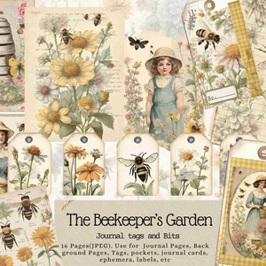 Kit de etiquetas e bits para jardim do apicultor, diário, jardim, cartões de diário, etiquetas, primavera, verão, diário de lixo, floral, flores, abelha