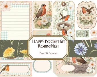 Robin's Nest Happy Pocket Kit, Collage, Journal Tags, Spring, Junk Journal, Tag, Cards, Ephemera, Robin, Nest, Floral, Spring, Bird, DIY